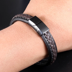 Men's double-layer braided leather bracelet with black matte magnetic metal clasp
