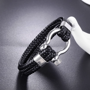 Men's multi-layer braided black leather bracelet with silver stainless steel anchor shackle