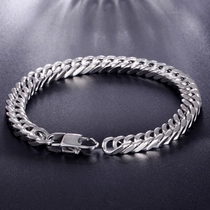 Polished silver stainless steel Cuban link bracelet for men with secure lobster clasp
