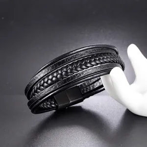 Bracelet multicouche en cuir tressé noir pour homme avec fermoir en métal noir mat