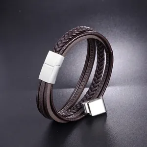 Bracelet tressé multicouche en cuir véritable pour homme avec fermoir magnétique