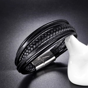 Multi-layer black leather bracelet for men with polished stainless steel magnetic clasp
