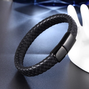Men's multi-layer black braided leather bracelet with magnetic stainless steel clasp