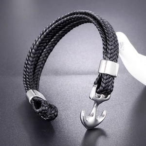Multi-layer black braided leather anchor bracelet with stainless steel clasp for men