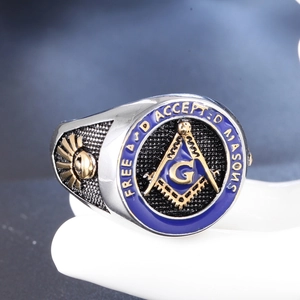Vintage Freemasonry signet ring in stainless steel with blue enamel and sunburst details