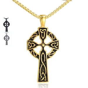 Vintage Stainless Steel Celtic Cross Pendant Necklace For Men Women Knot Braided Texture Religious Jewelry Gift Steel Gold Black