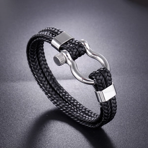 Multi-layer black leather anchor bracelet with silver stainless steel U-shackle clasp