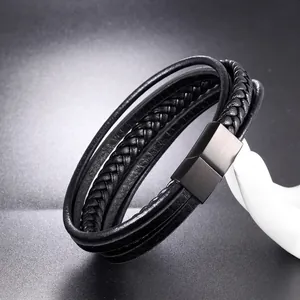 Bracelet multicouche en cuir tressé noir pour homme avec fermoir magnétique brossé noir