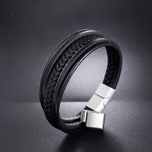 Bracelet multicouche pour homme en cuir tressé noir avec fermoir magnétique argent