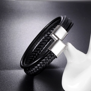 Men's multilayer black braided leather bracelet with magnetic stainless steel clasp