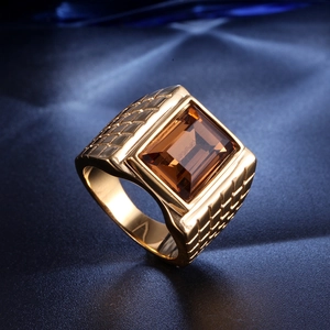 Mens gold stainless steel ring with rectangle amber stone and textured grid band