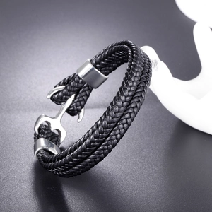 Double-layer black braided leather bracelet featuring a silver stainless steel anchor clasp