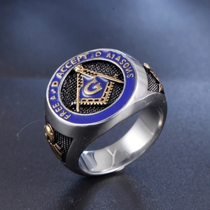 Silver stainless steel Freemason signet ring with blue enamel and engraved G symbol