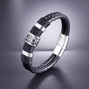 Men's double-strand black braided leather bracelet with magnetic stainless steel clasp