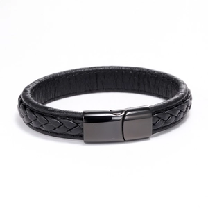 Close-up of black braided leather bracelet with shiny magnetic stainless steel clasp