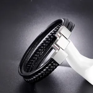 Bracelet multicouche en cuir véritable noir pour homme avec fermoir en métal brossé