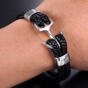 Men's double-layered black braided leather anchor bracelet with silver clasp