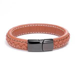 Detail view of brown braided leather bracelet with double layers and black magnetic clasp
