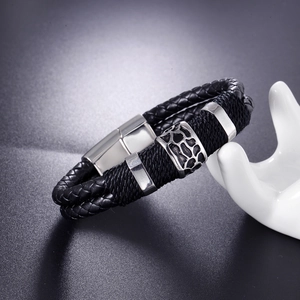 Men's black braided leather bracelet with magnetic stainless steel clasp and metal rings