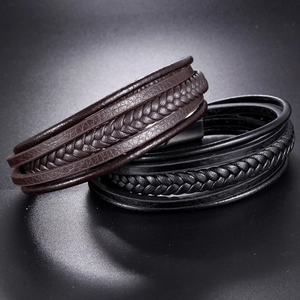 Men's handmade braided leather bracelet set with durable stainless steel clasp