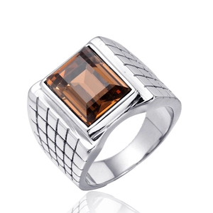 Men's stainless steel ring featuring a rectangular brown gemstone and grid textures