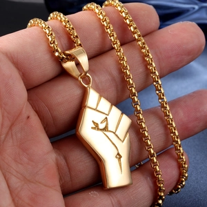 Polished gold stainless steel fist pendant necklace with a sturdy box chain for men