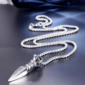 Vintage stainless steel vajra pestle pendant necklace with crown detail and box chain