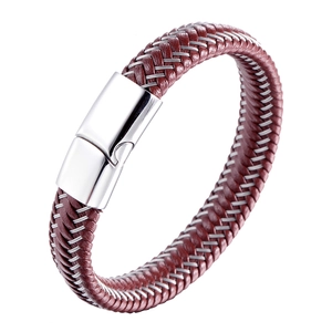 Bracelet tressé en cuir marron rouge pour homme avec fermoir en acier inoxydable