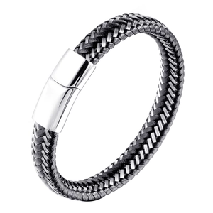 Men's Braided Leather Bracelet With Stainless Steel Magnetic Clasp Black Leather Woven Wristband Casual Industrial Jewelry For Men Gift