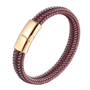 Bracelet pour homme en cuir tressé bordeaux avec fil d'argent et fermoir magnétique doré