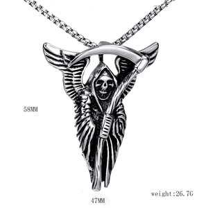 Gothic death reaper pendant necklace in stainless steel with scythe and wings detail