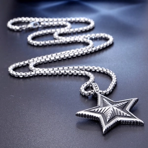 Polished stainless steel pentagram star pendant necklace with radial texture on box chain