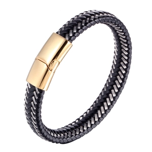 Men's braided black leather and steel wire bracelet with golden magnetic clasp