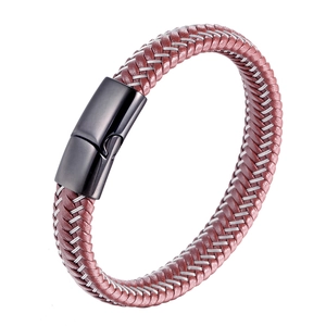Bracelet en Cuir Tressé pour Hommes Acier Titane Fermoir Magnétique Rouge Vin Corde Tissée Bijoux de Mode Décontractés Modernes Cadeau