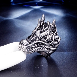 Macro detail of antique silver dragon head ring showing intricate steel carving