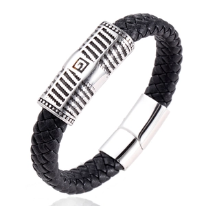 Bracelet Maçonnique pour Homme en Acier Titane Corde en Cuir Tressée Maçonnerie Logo G Fermoir Magnétique Bijoux Punk