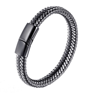 Men's braided black leather and steel wire bracelet with matte magnetic clasp
