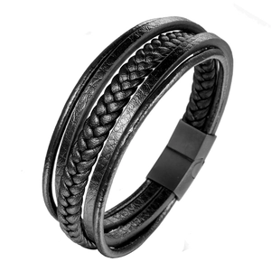 Bracelet multi-rangs en cuir tressé noir pour homme avec fermoir magnétique mat