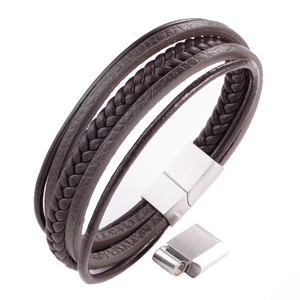 Bracelet Tressé en Cuir Véritable pour Hommes Fermoir Magnétique en Alliage Multicouche Décontracté Vintage Bijoux de Poignet Pour le Quotidien