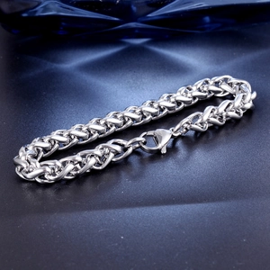 Polished stainless steel wheat chain bracelet for men with secure lobster clasp closure