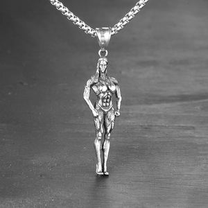 Pendentif femme musclée en acier inoxydable argenté sur chaîne box pour fans de fitness