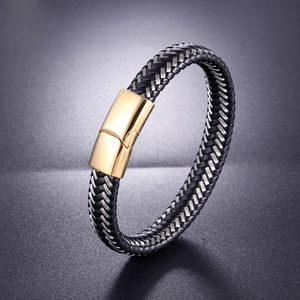 Braided black leather and steel wire bracelet with a polished gold magnetic clasp