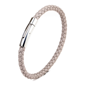 Braided leather stainless steel bracelet in light taupe with polished magnetic buckle