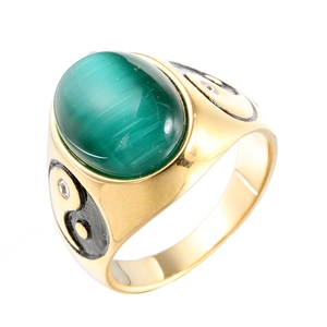 Bague en Acier Inoxydable Vintage Yin Yang Tai Chi pour Homme Femme Plaqué Or Avec Pierre Œil de Chat Verte Strass