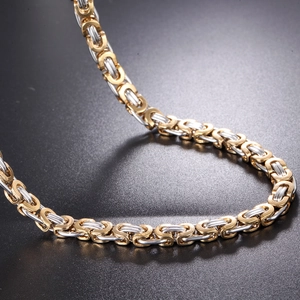 Two-tone silver and gold Byzantine link chain necklace in polished stainless steel