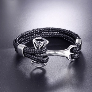 Men's leather anchor bracelet with viking hammer clasp and celtic knot engraving