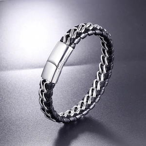 Bracelet pour homme en cuir tressé avec chaîne en acier inoxydable et boucle polie
