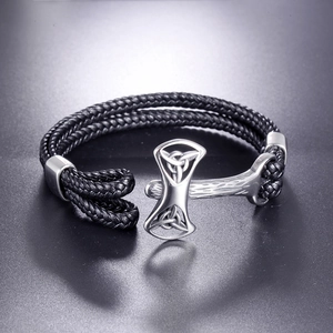 Men's Nordic Mjolnir anchor bracelet with double-strand black braided leather cord