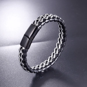 Bracelet pour homme en cuir noir tressé avec chaîne argentée et fermoir magnétique élégant