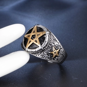 Vintage stainless steel pentagram ring for men featuring a hammered silver and gold finish
